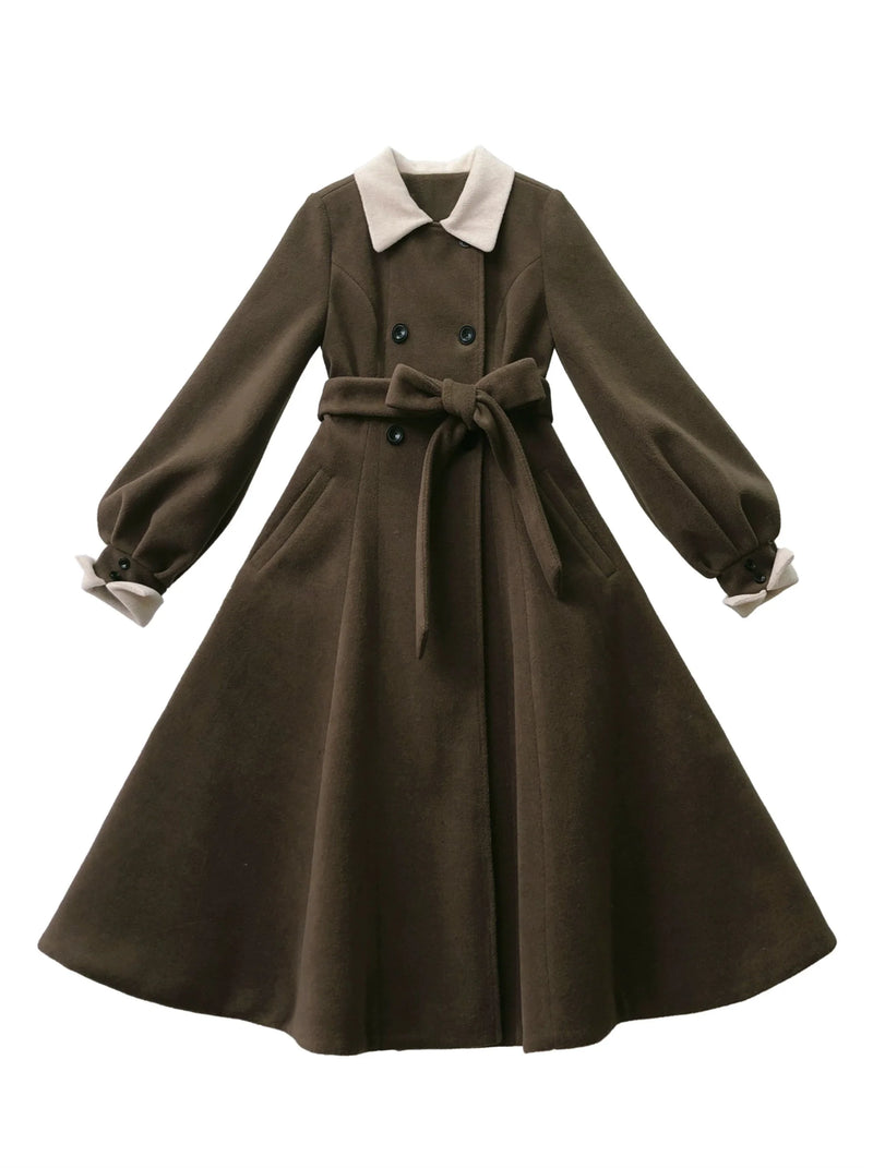 Retro Brown Plaid Volume Sleeveless Layered Dress + Pearl Ribbon Accessory + Classic Belt Coat [pre-order]