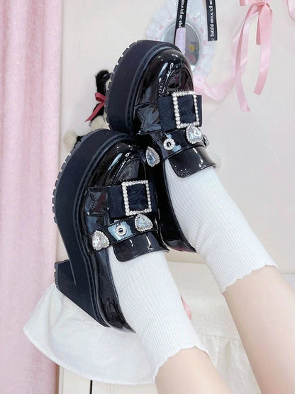 Jewel Pointed Toe Loafer Platform Shoes [enamel Black/matte Black]