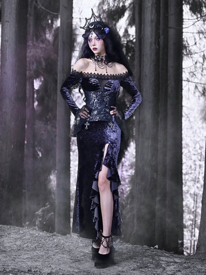 Luna Gothic Velvet One-shoulder Slim Mermaid Slit Dress
