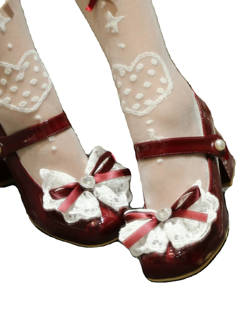 Lolita French Lace Ribbon Square Toe Love Heel Shoes