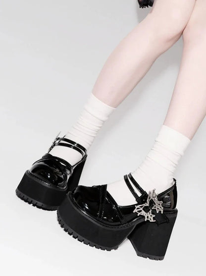 College Style Butterfly Platform Block Heel Shoes