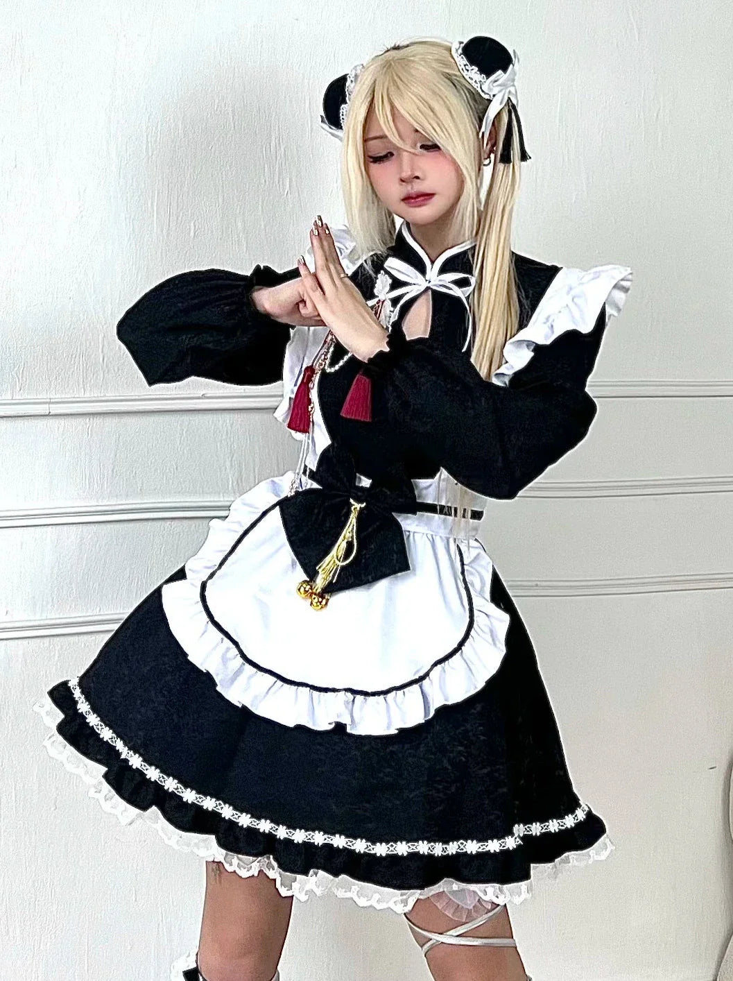 Black White Chinese-style Maid Ribbon Apron Dress Set [short Sleeve / Long Sleeve]