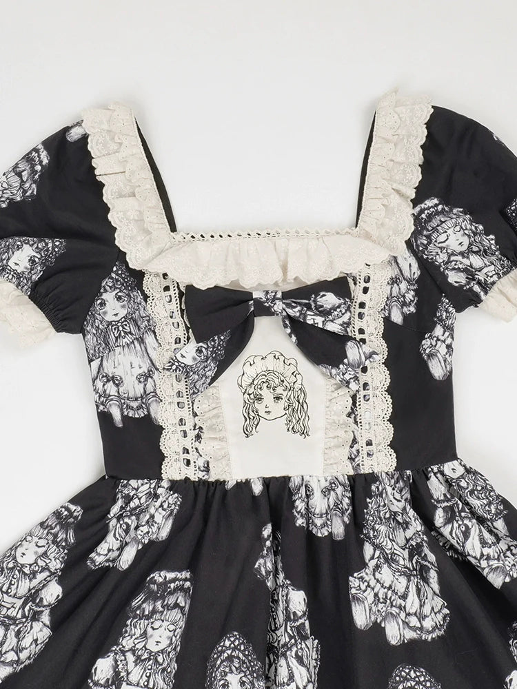 Night of Dolls Print Embroidery Dress Set