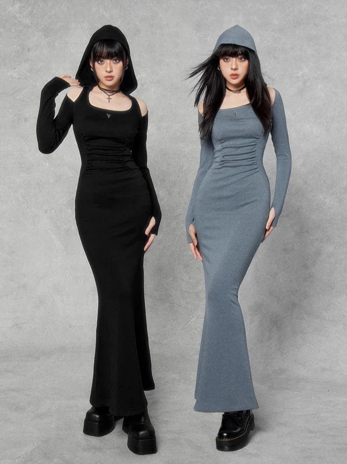 Dark Square Halter Neck Off-shoulder Hooded Dress