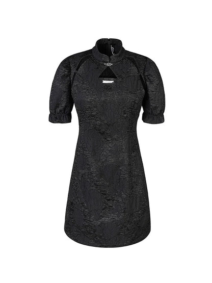 French Black Puff Sleeves Slim Waist Chinese-style Dress