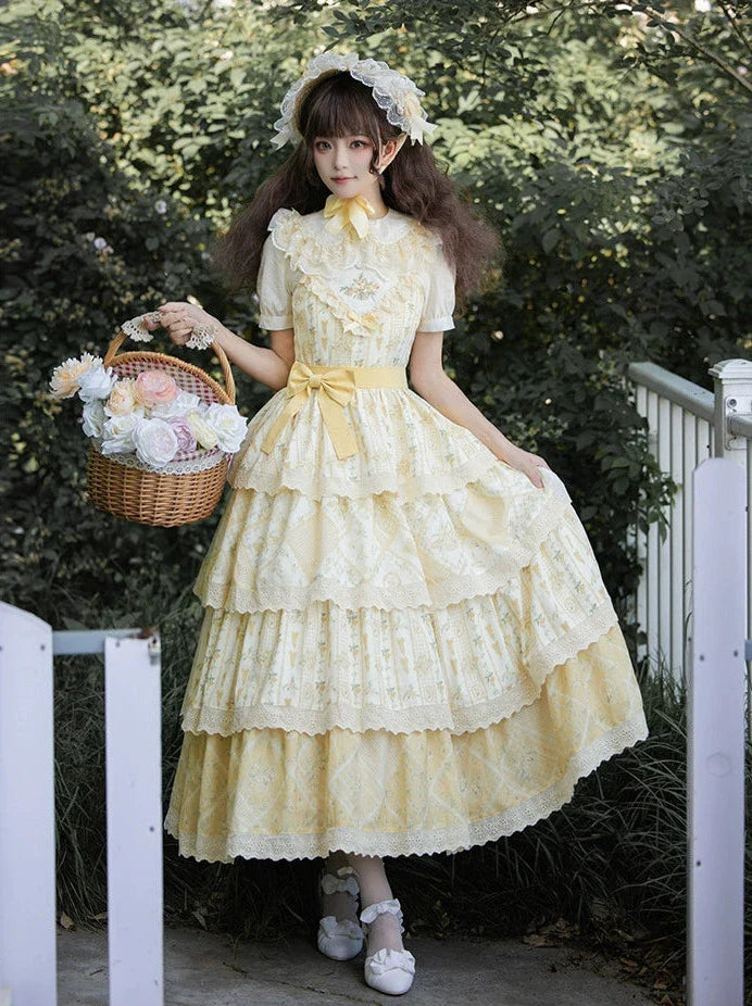 Pastoral Lily Embroidery Print Ruffle Strap Tiered Shawl Dress [pre-order]