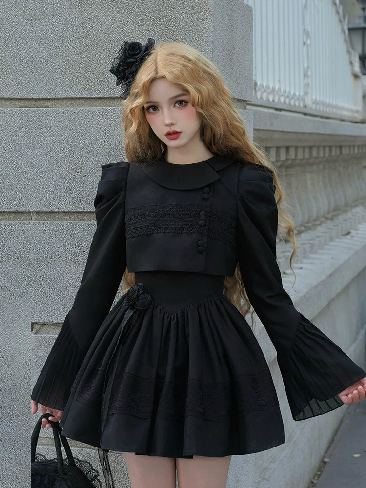 Night Traveler Classic Black Gothic Lace Jacket Dress + Ruffle White Blouse and Black Dress