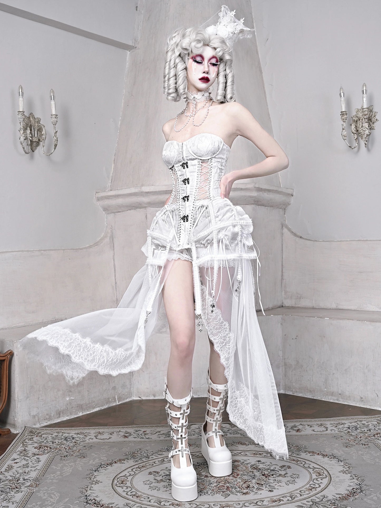 Sleeping Alice White Gothic Dark Fishbone Strap Corset Bustier [pre-order]