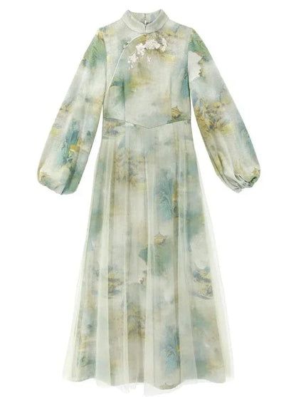 Marbled Green Half Neck Chinese-style Dress