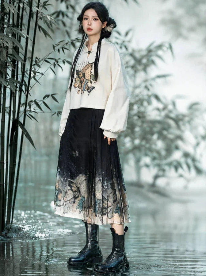 Chinese-style Butterfly Cropped Sweatshirt + Zip Design Hoodie Dress + Black Hoodie [pre-order]
