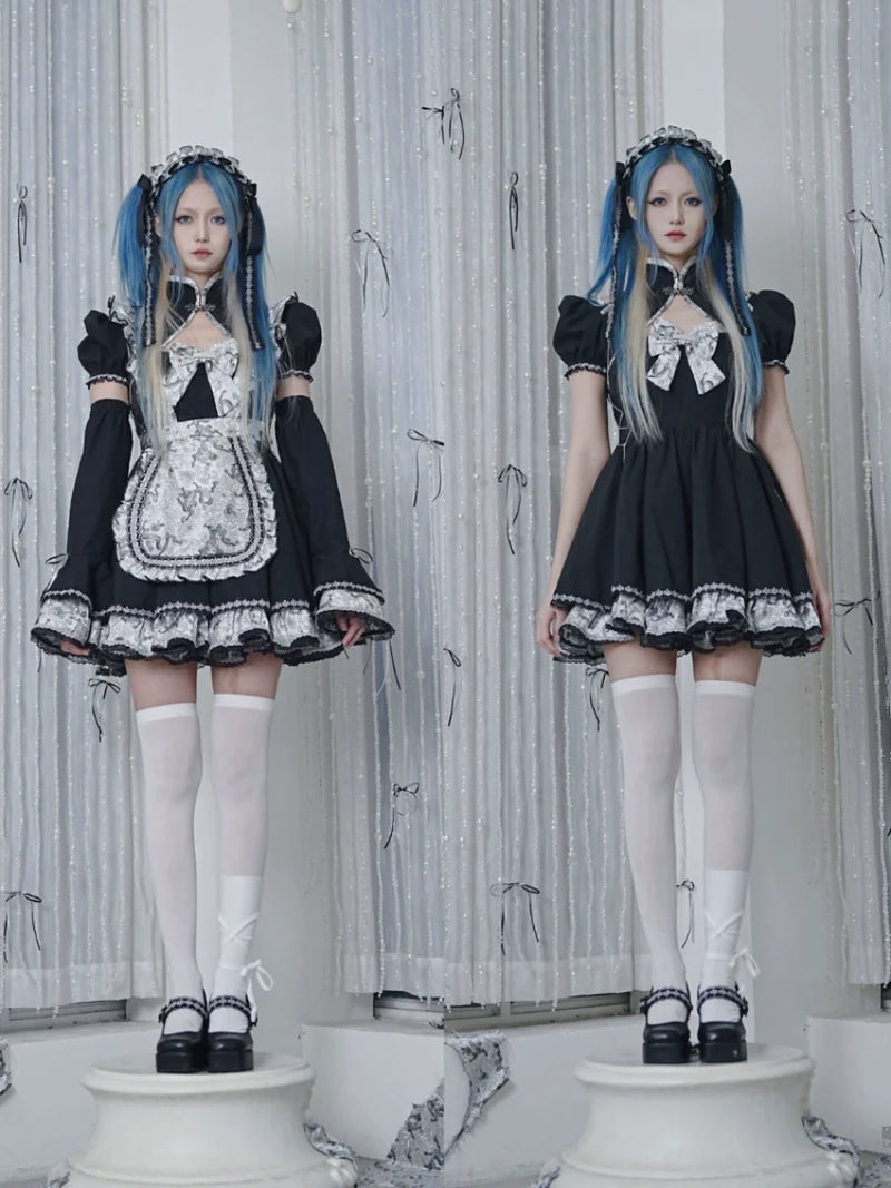 Silver Dragon Maid Gothic Dress + Apron + Arm Cover