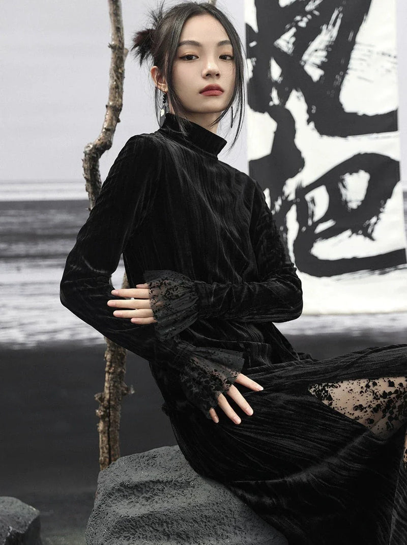 Retro Velvet Paneled Mesh Slim Black Long Dress