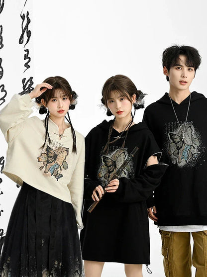 Chinese-style Butterfly Cropped Sweatshirt + Zip Design Hoodie Dress + Black Hoodie [pre-order]