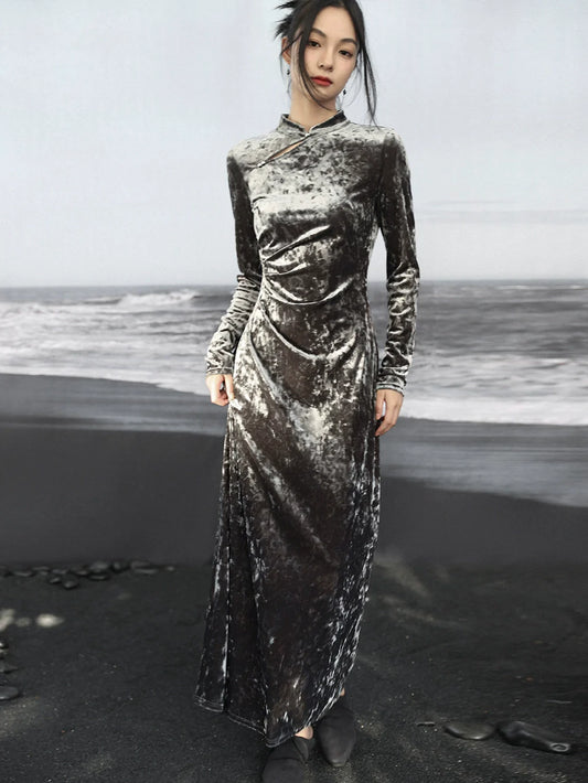Chinese-style Gold Diamond Velvet Dress