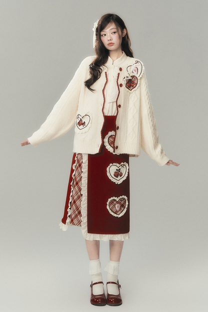 Strawberry Cream Cardigan + Skirt + High Neck Top + Hairpin