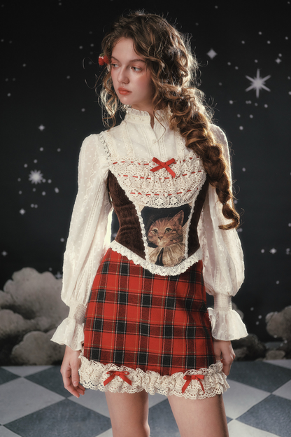 Lace Maid Plaid Corset Top + Crochet Cardigan + Plaid Skirt