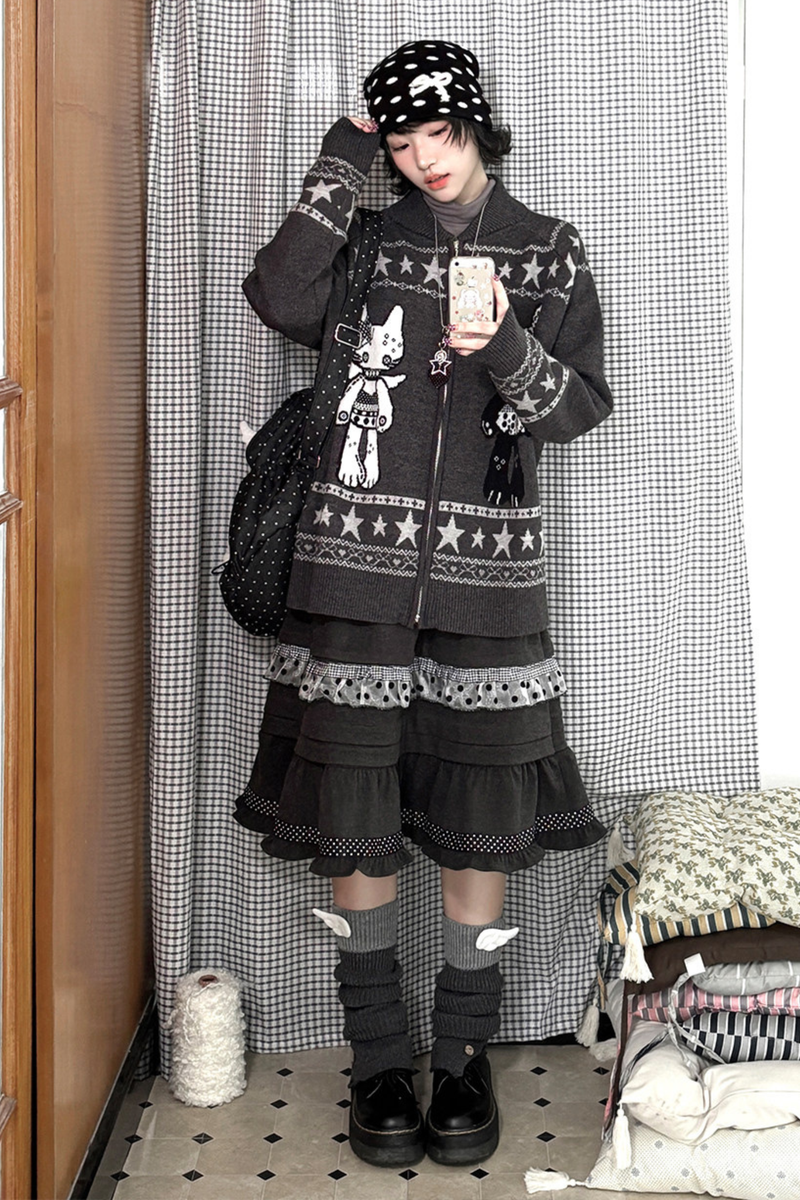 Y2k Jacquard Cardigan + Flared Skirt
