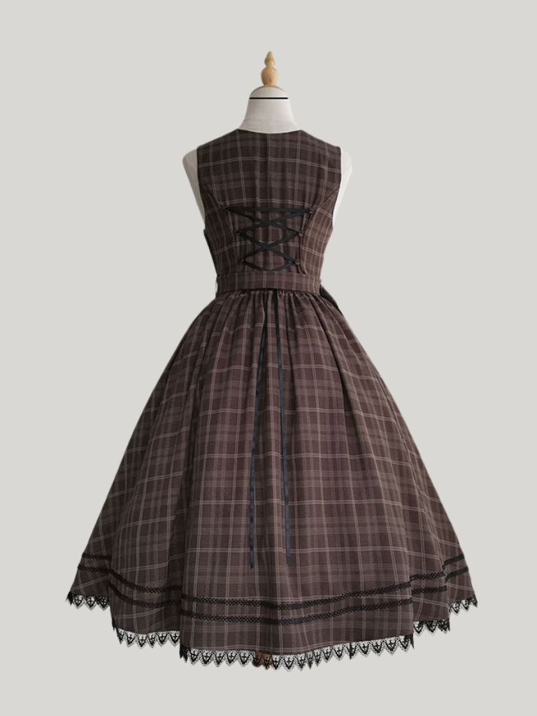Forest Brown Plaid Belt V Neck Dress