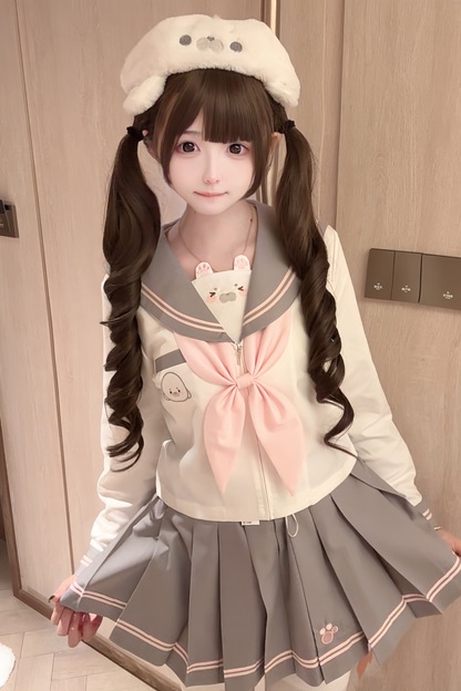 Sweet Girly Sailor Top + Skirt + Ribbon + Brooch