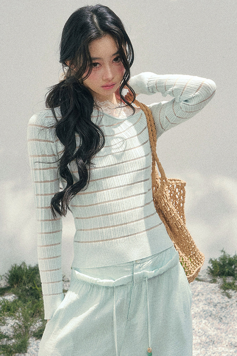 One Shoulder Glance Lace Striped Top