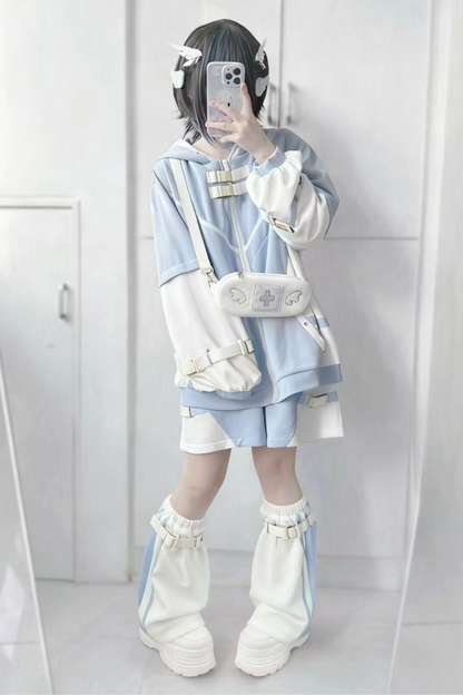 [angel Style] Subculture Aqua Hoodie Top + Shorts + Leg Covers