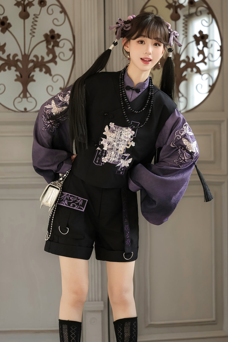 Dark Chinese-style Top + Vest + Shorts + Necklace
