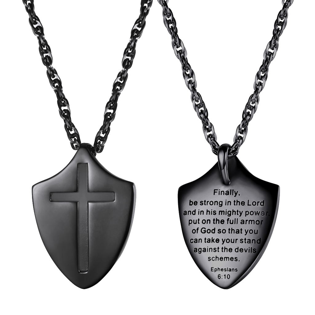 Christian Cross Shield Pendant Necklace With Ephesians 6:10 for