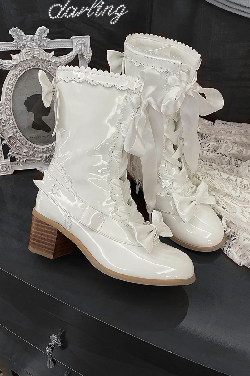 Ribbon Lace Up Mid Calf Boots