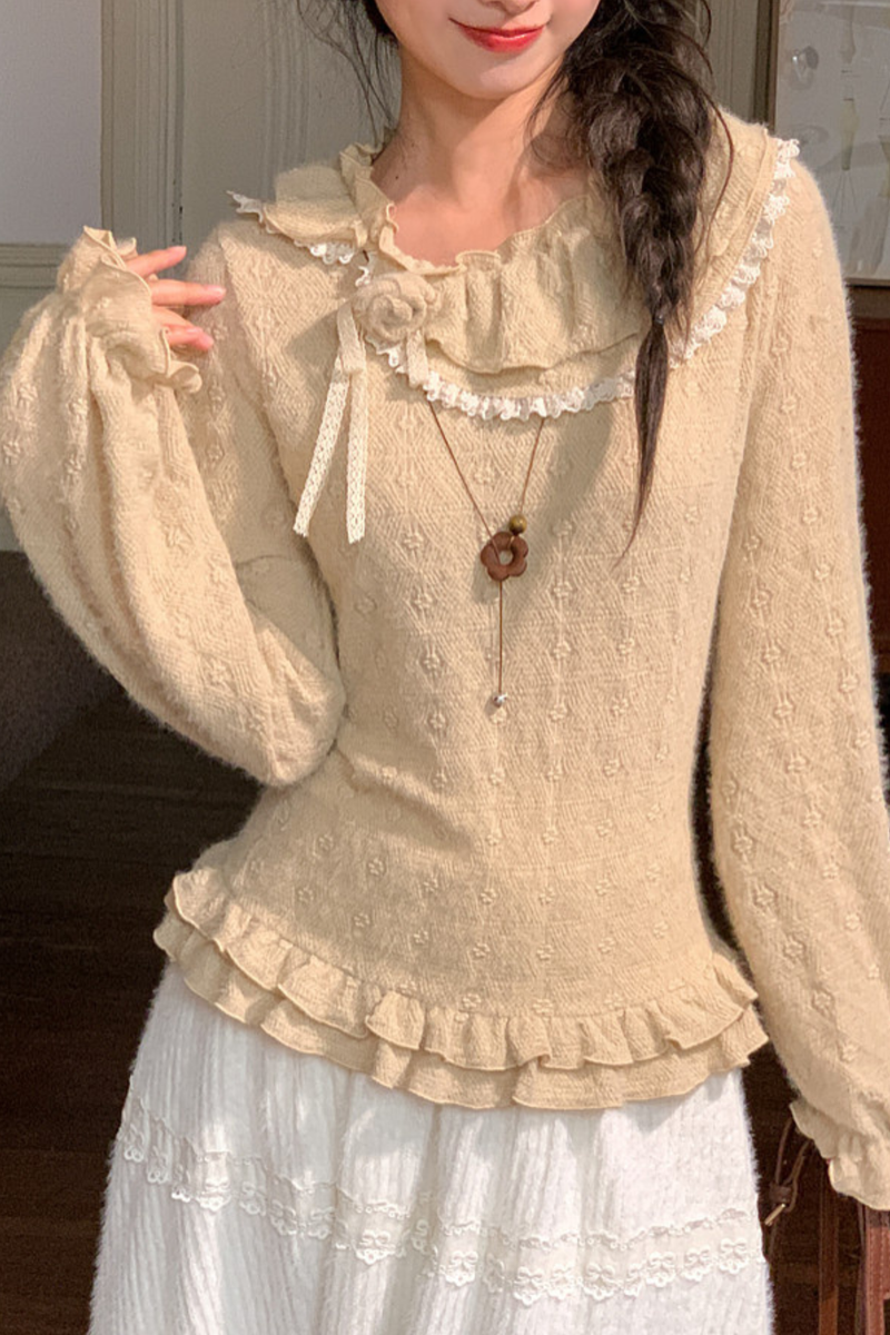 Lace Collar Long Sleeve Top