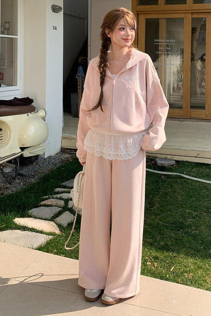 Lace Patchwork Hooded Jacket + Pants + Top
