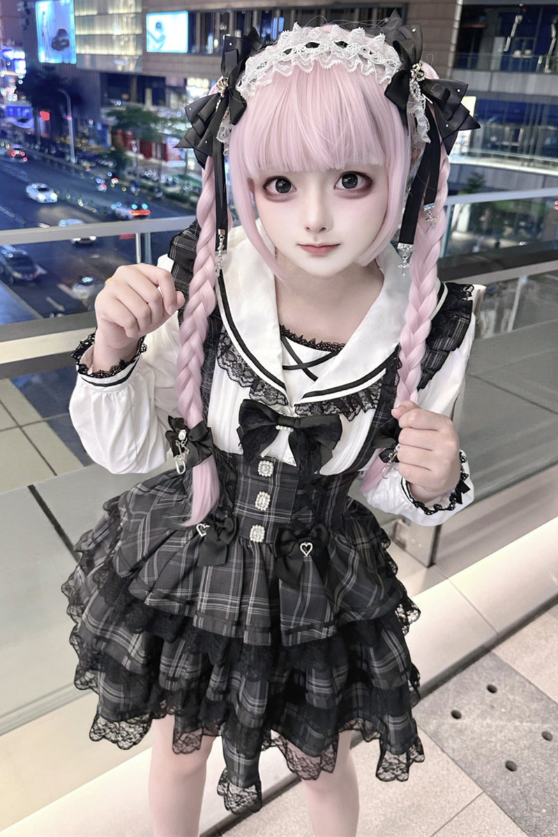 Plaid Flutter Sleeve Suspender Skirt + Top