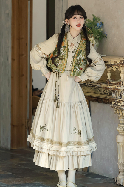 Pastoral Lolita Long Sleeve Dress + Vest + Scarf