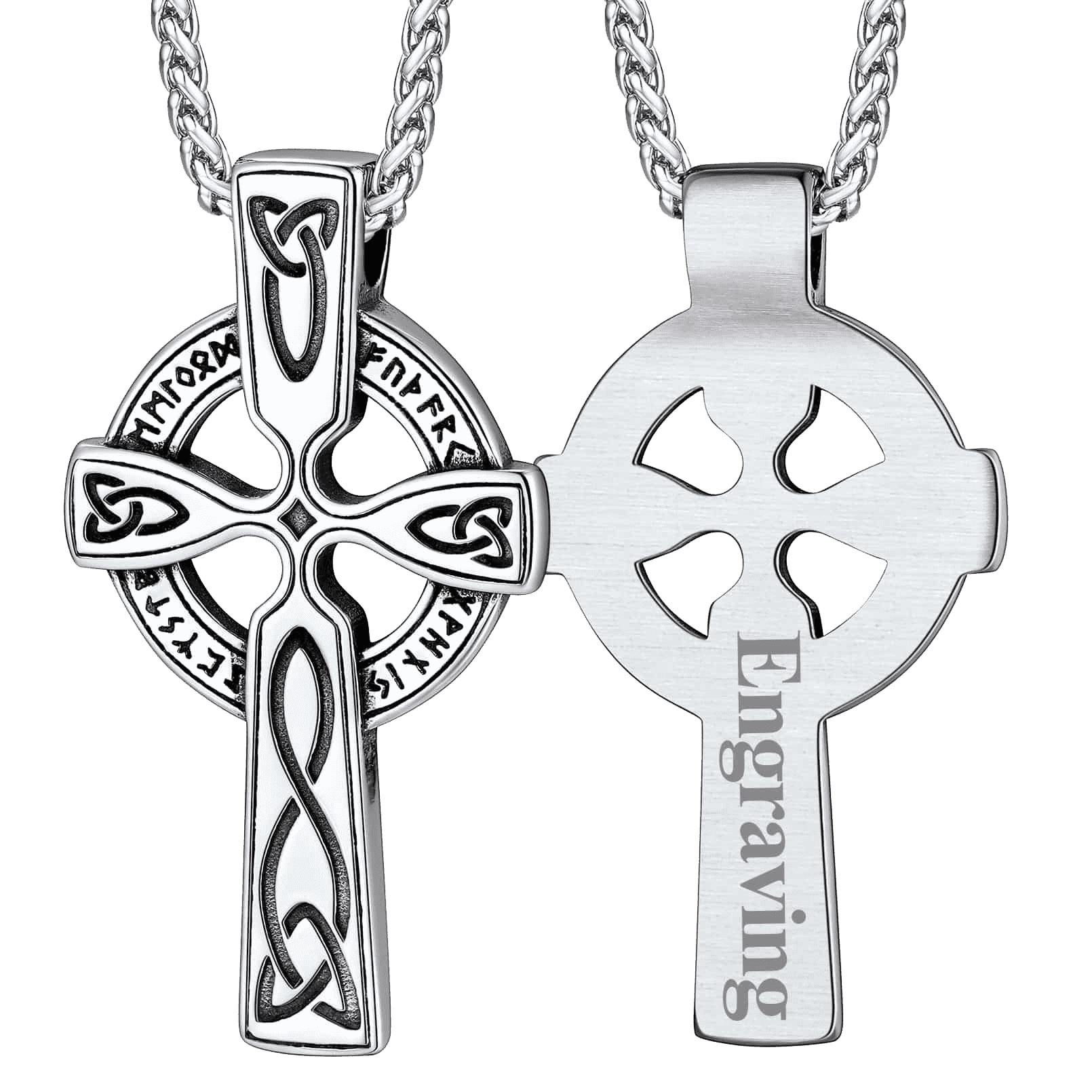 Irish Celtic Cross Pendant Necklace With Viking Runes for