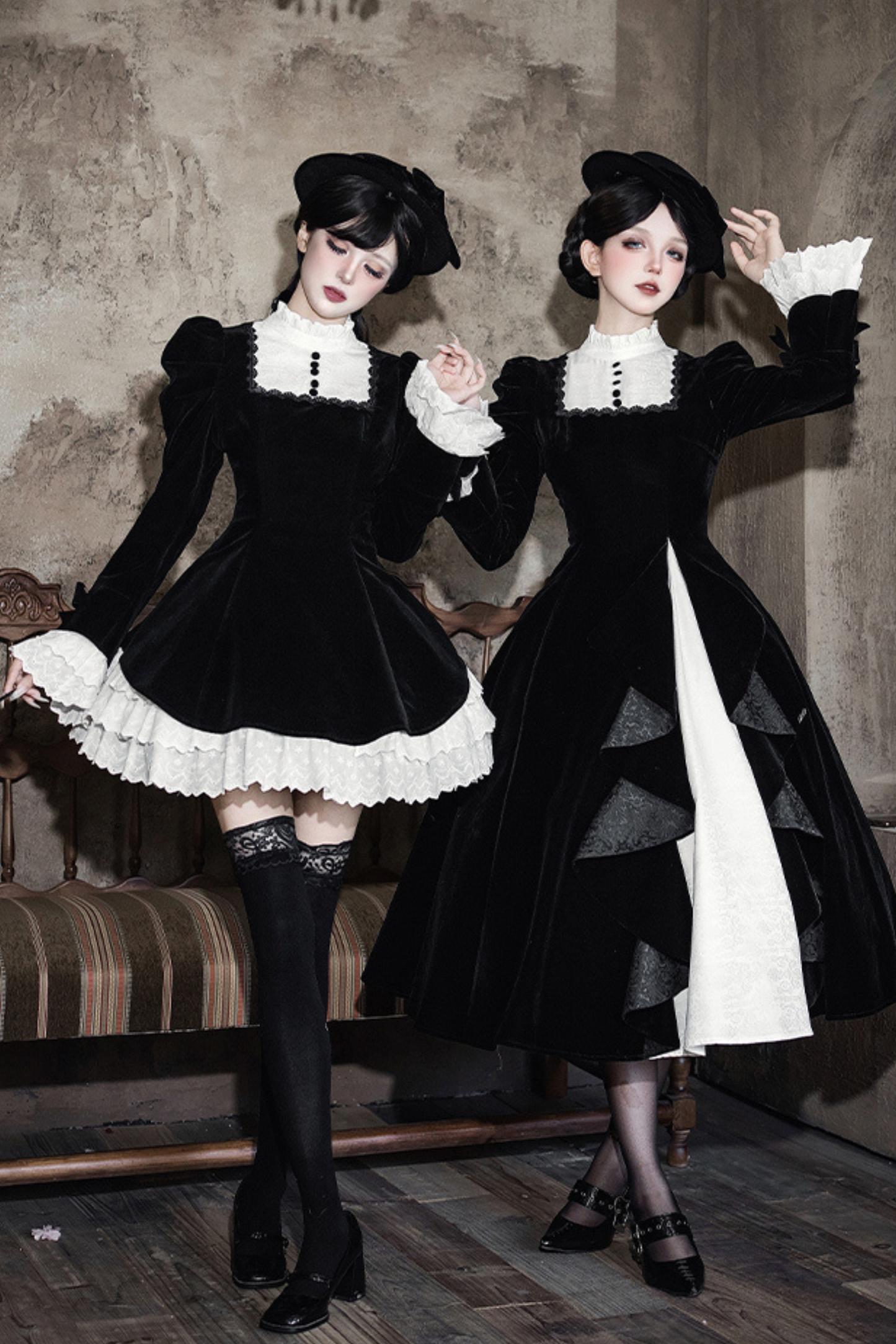 Slim Contrast Color Twin Dress + Collar + Bow + Brooch + Hat