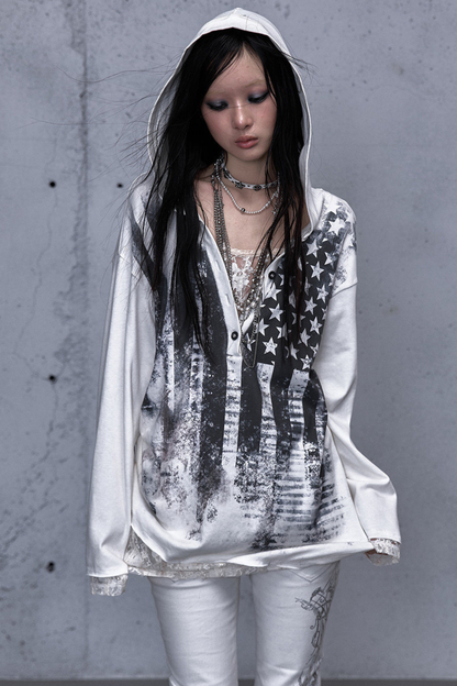 Lace Patchwork Loose Hooded Hoodie