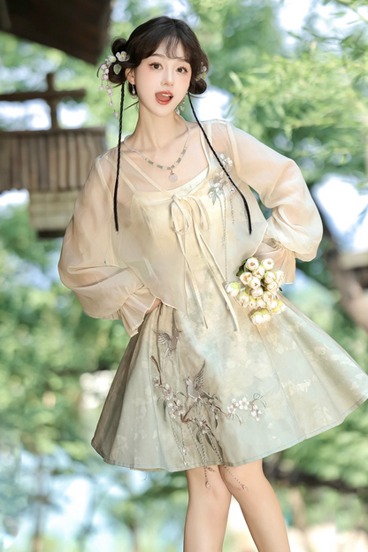 Chinese-style Gradient Retro Dress + Sheer Cardigan