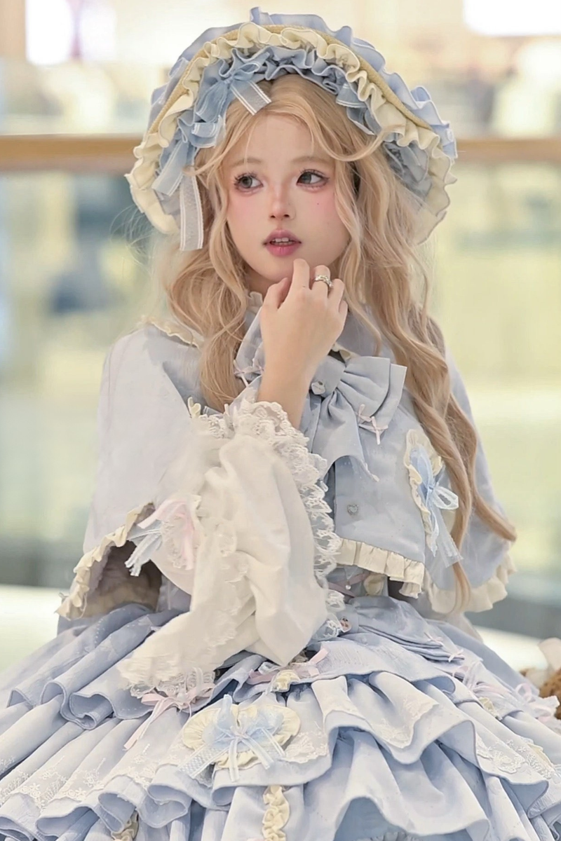 Layered Ruffle Sweet Princess Lolita Jumper Skirt + Tail + Headband + Cape + Bonnet
