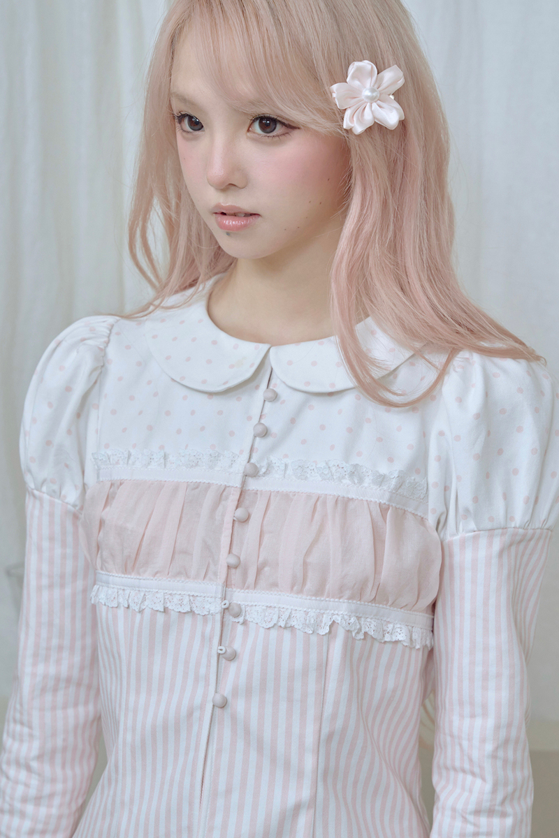 Striped Doll Collar Puff Sleeve Shirt