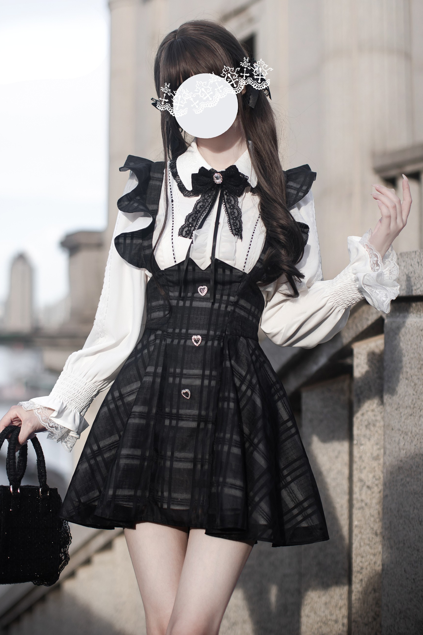 Ruffle Plaid Short Suspender Skirt + Shirt + Ribbon