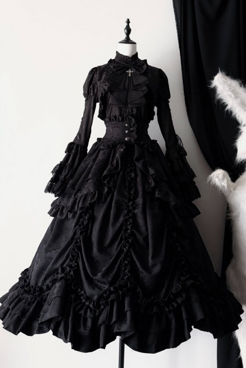 [pre-order Deadline: March 31] Cross Nocturne Gothic Dark Stripe Layered Top + Cross Rose Stripe Pull Up Skirt