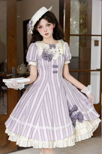 [pre-order] Striped Lolita Dress + Ribbon Clip