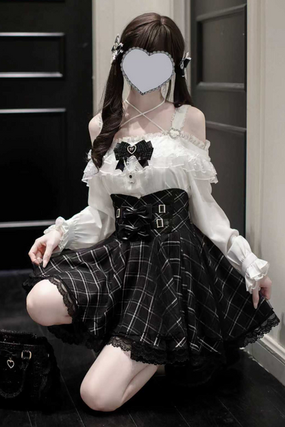 Jirai Off-the-shoulder Shirt + Plaid Skirt (with Inner Pants)
