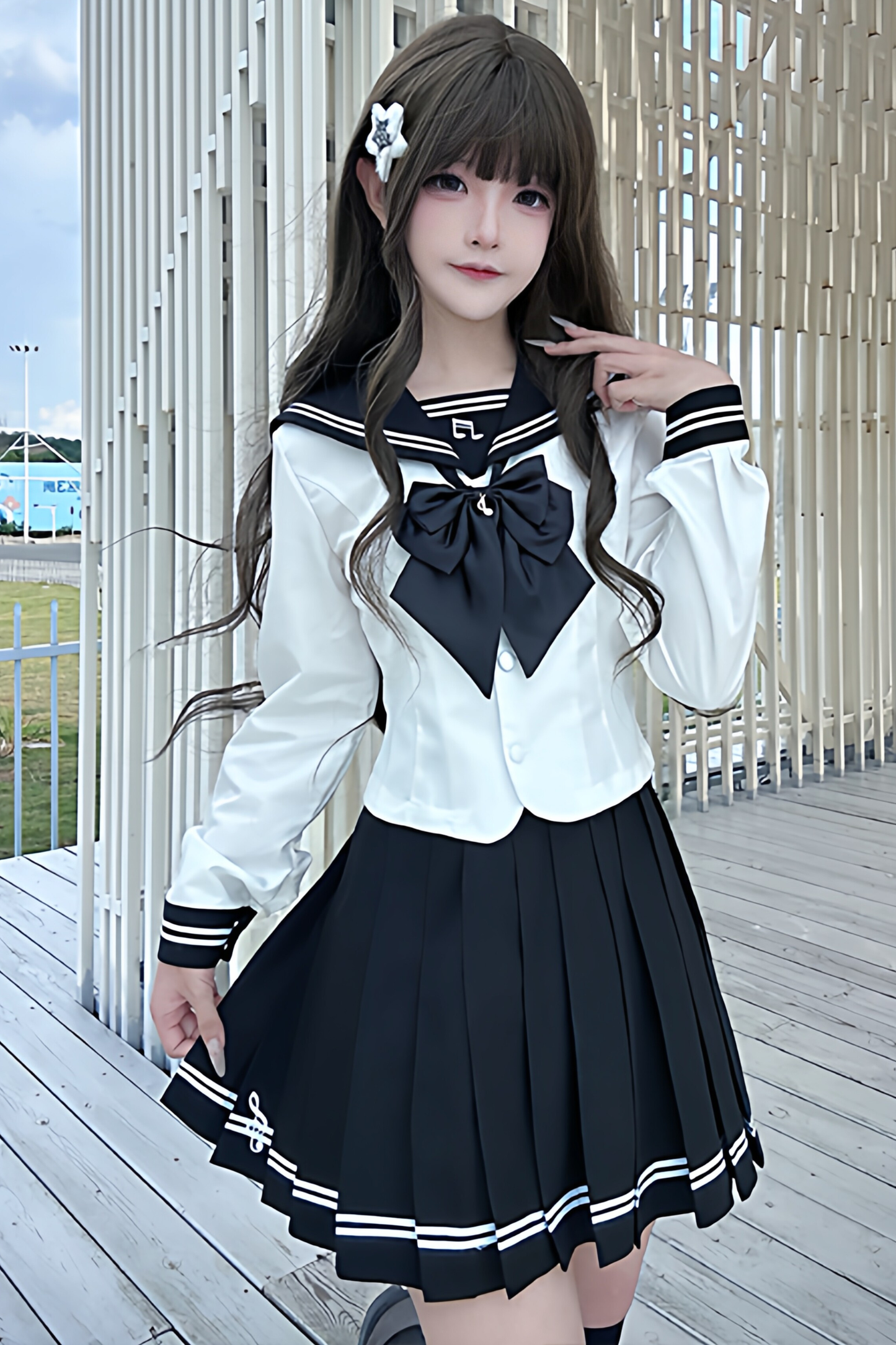 Long Sleeve Sailor Top + Skirt + Ribbon