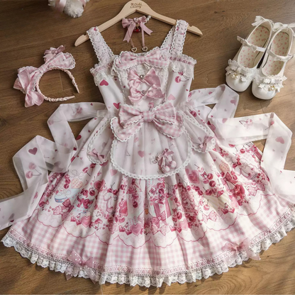 [pre-order Deadline: May 5] Pink Cherry Print Lace Ribbon Bunny Ear Apron Jsk Dress + Accessories