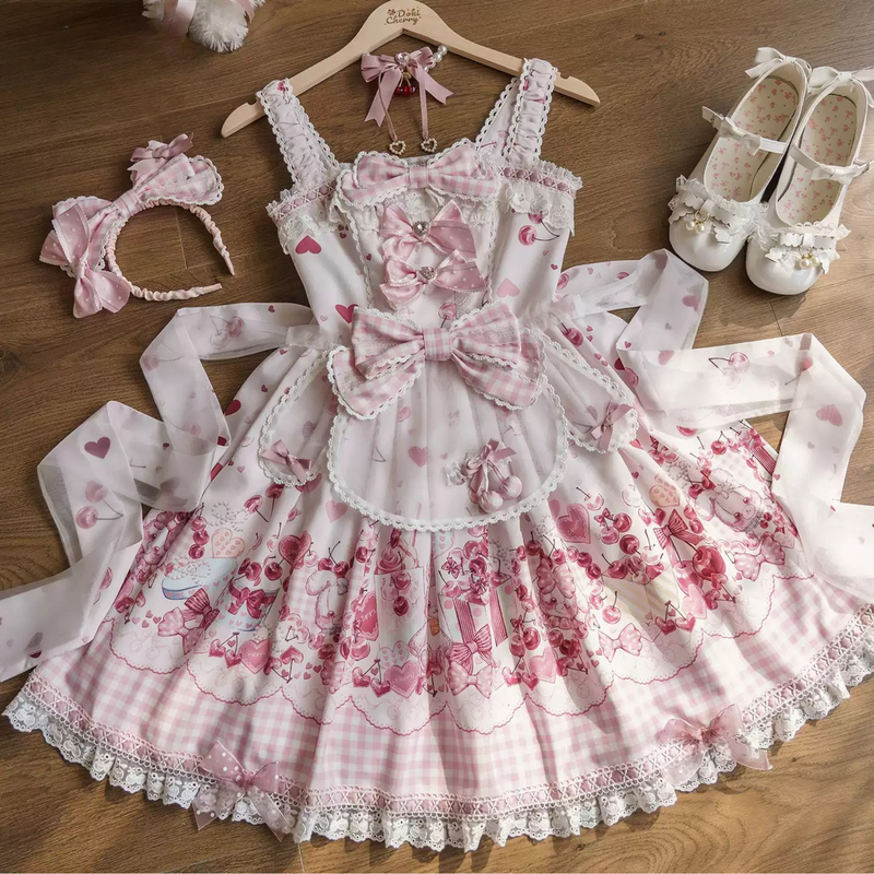 [pre-order Deadline: May 5] Pink Cherry Print Lace Ribbon Bunny Ear Apron Jsk Dress + Accessories