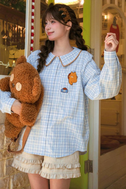 Cat Embroidered Plaid Blouse