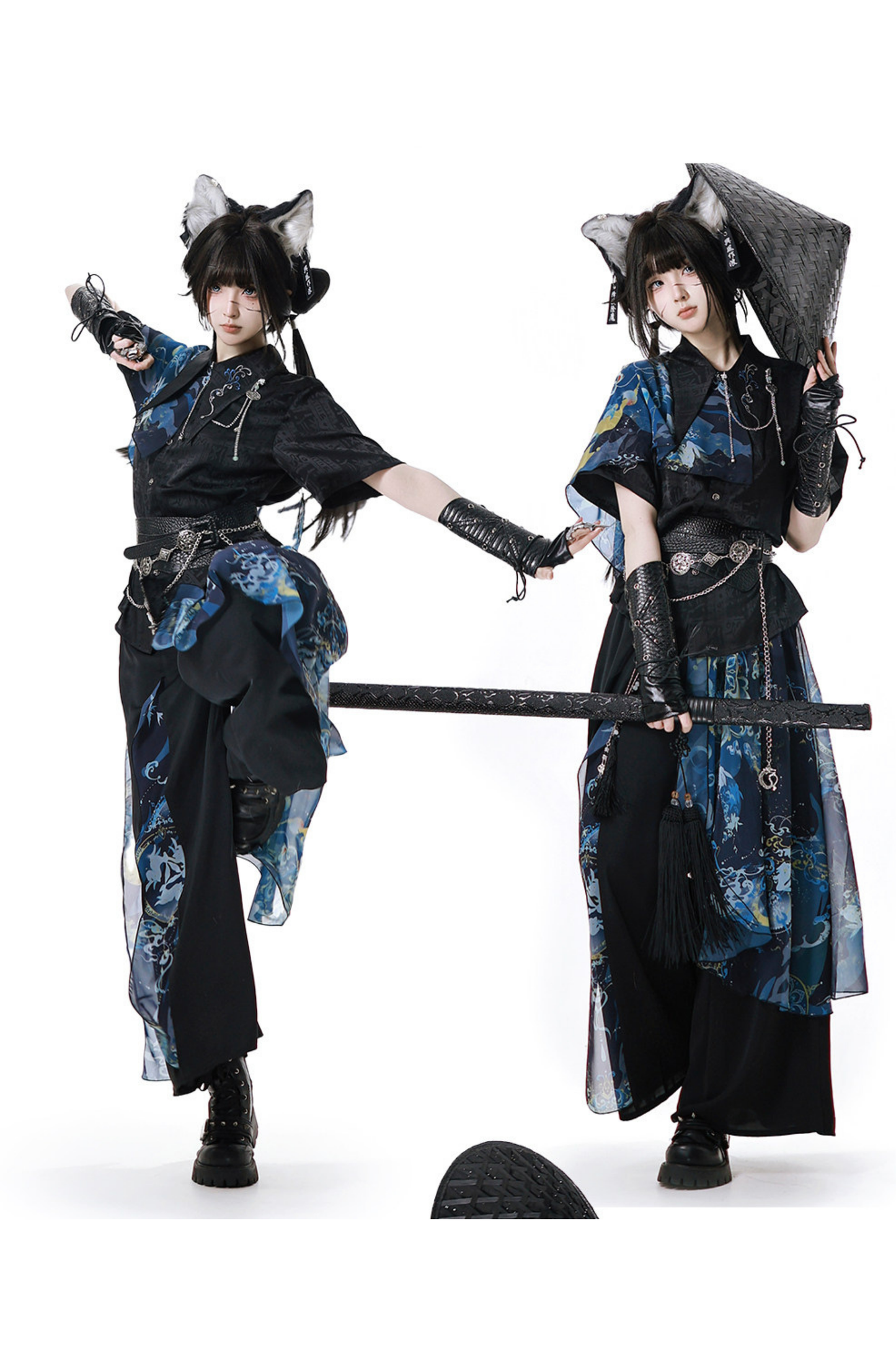 Dark Chinese-style Shirt + Wide Leg Pants + Chain + Belt