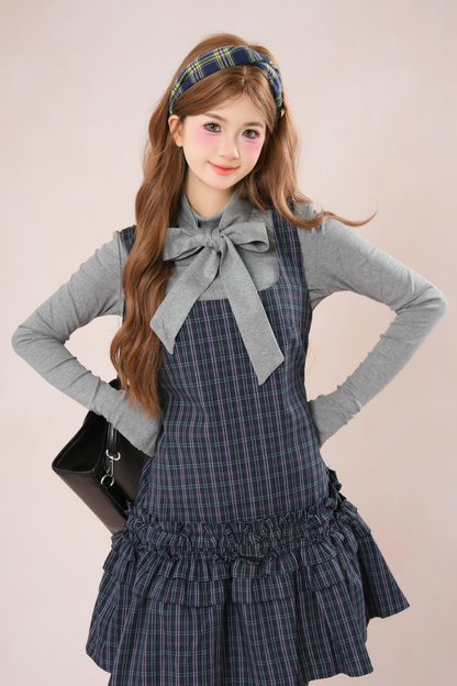 Dark French Ruffle Plaid Sleeveless Dress + Shirt