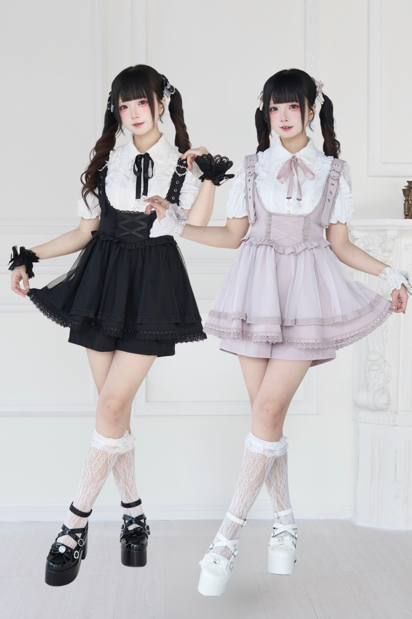 [pre-order] Spray Sheer Lace Sleeve Ribbon Shirt + Strap Bustier Dress