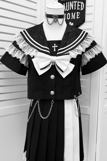 Dark Girl College Sailor Top + Skirt + Ribbon + Skirt Chain